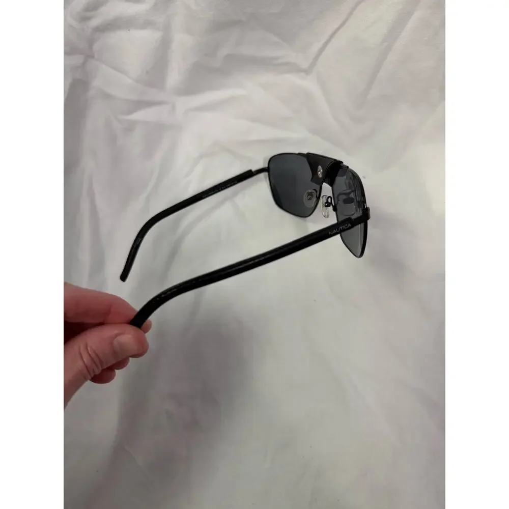 Nautica Black Metal Aviator Explorer Sunglass Polarized Leather Arms GS